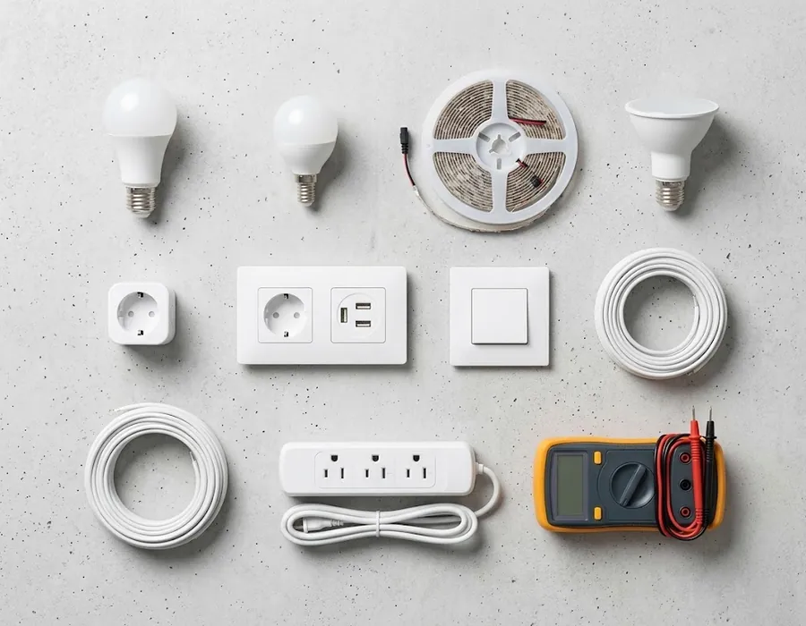 Productos de electricidad modernos: bombillas LED, tira LED, enchufes e interruptores