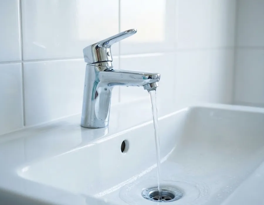 Grifo monomando cromado con el agua corriendo