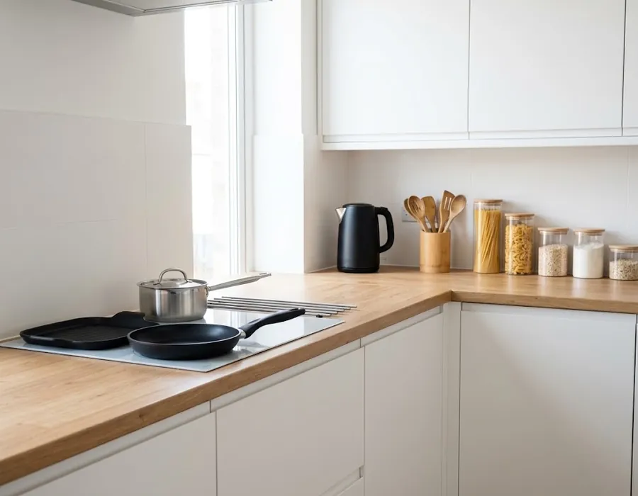 Cocina moderna con sartenes, hervidor y tarros de cristal
