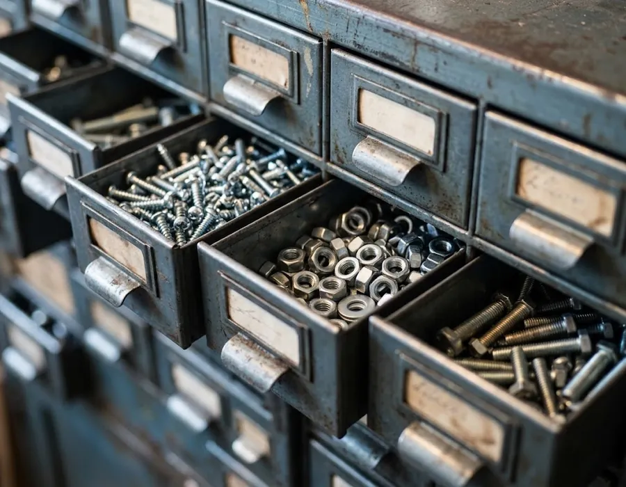 Cajones metálicos llenos de tornillos, tuercas y arandelas