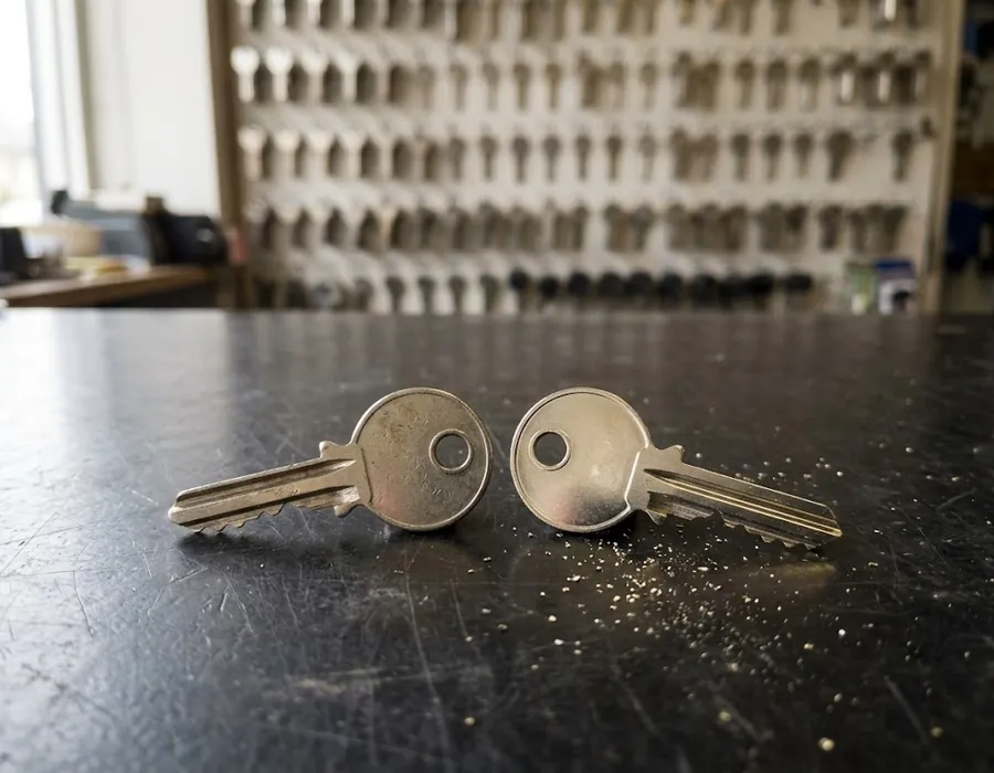 Llave original y su copia recién hecha sobre el mostrador