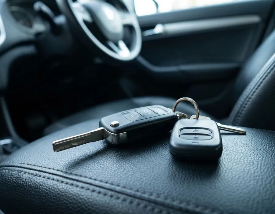 Llave de coche con mando y mando de garaje sobre el asiento de un coche